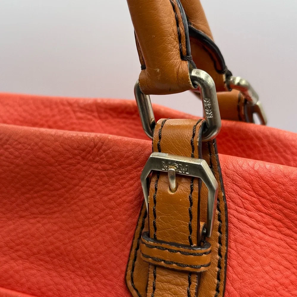 MCM Large Orange Embossed Leather Satchel two-way carry - Picture 3 of 11